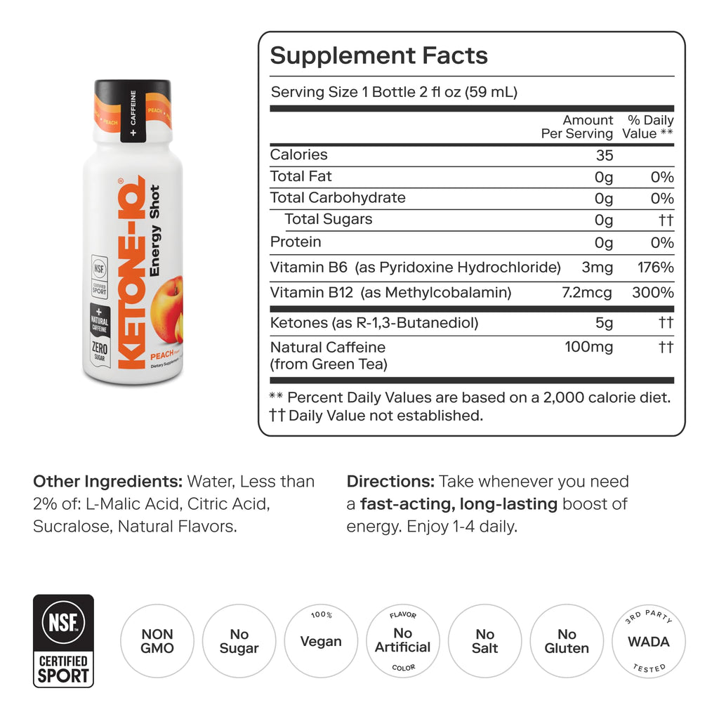 Ketone-IQ Exogenous Ketone Energy Shots with Caffeine - 12 Pack of Green Tea Caffeine Shots with 5g Bioidentical Ketones and B Vitamins - Fast Acting, On The Go Clean Energy Drink (Peach)