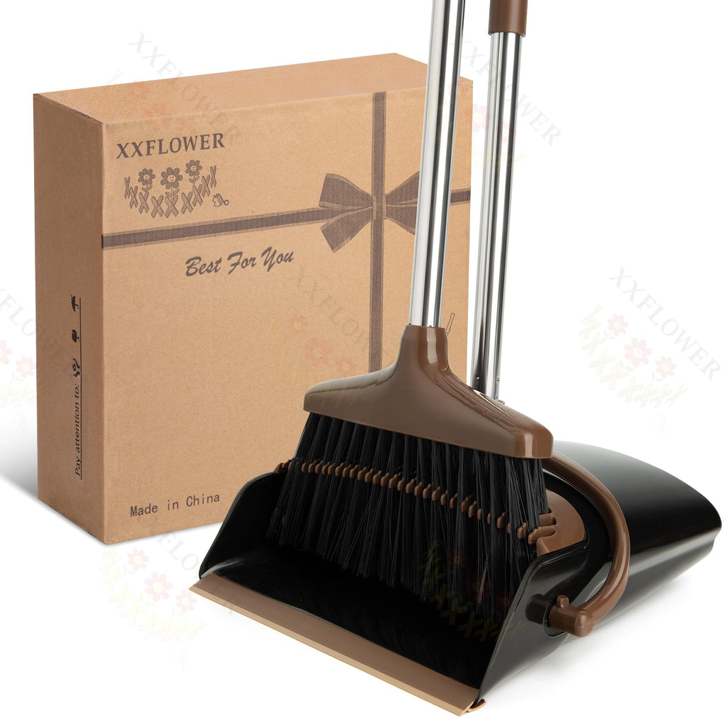 XXFLOWER Broom and Dustpan Set with Long Handle, Light Weight Stainless Steel Poles Stand Upright Dustpans with Broom Combo for Home Kitchen Office Pet Dog Hair, 1-Pack (Black Brown)