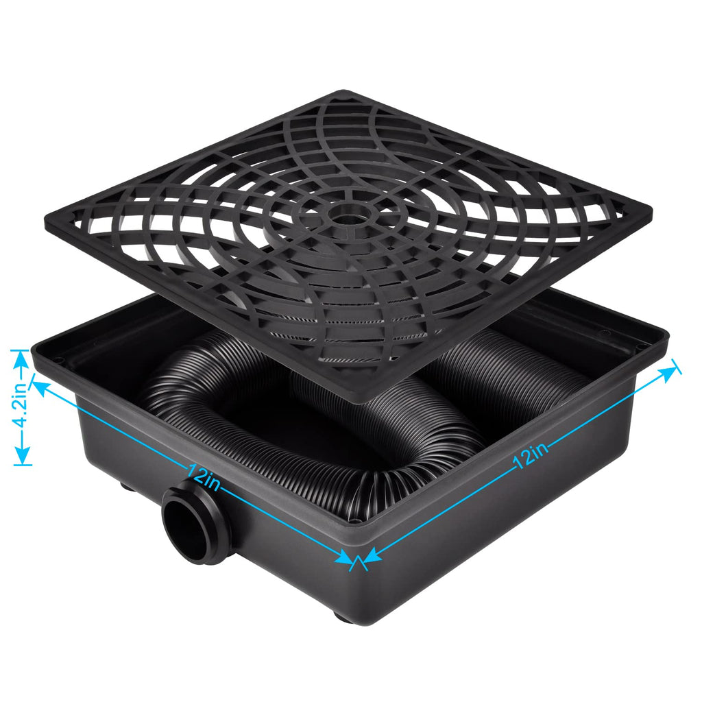 Prestantious Catch Basin Gutter Downspout Extensions, 12"×12" Low Profile Catch Basin Downspout Extender with 2" ID Flexible Pipe, No Deep Dig Needed, Rainwater Diverter, Pipe Stretched Length 8.2ft