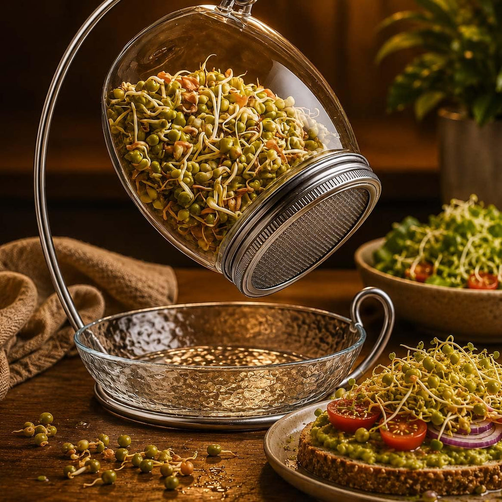 ALCEDIA Premium Sprouting Jar Kit - Unique 30 oz Wide Mouth Sprouting Jar, Stand, Tray and 316 Stainless Screen Lid | Decorative Indoor Seed Sprouter and Germinator (1 Kit)