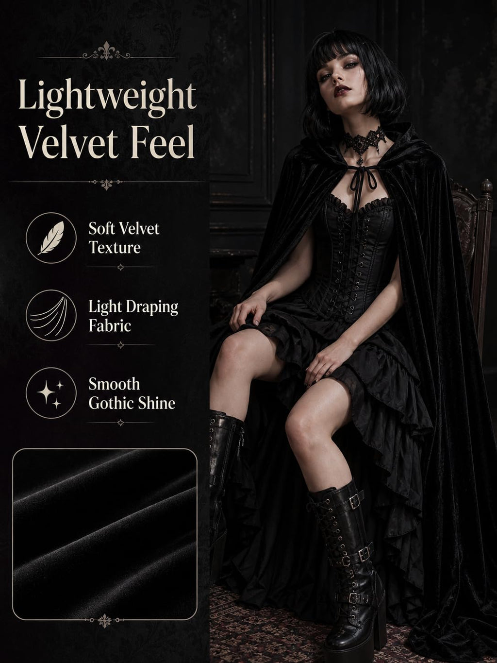 Vampire Super Long Shawl,Halloween Black Cloak Adult Hooded Cape