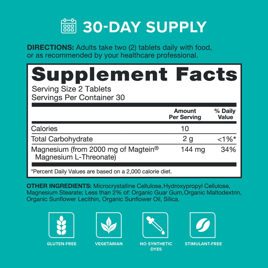 Qunol Q-Mag Magnesium L-Threonate Tablets, 2000mg of Magtein to Help Support Cognitive Performance, Improve Mental Alertness & Productivity, Supports Restful Sleep, High Absorption, 60 Count