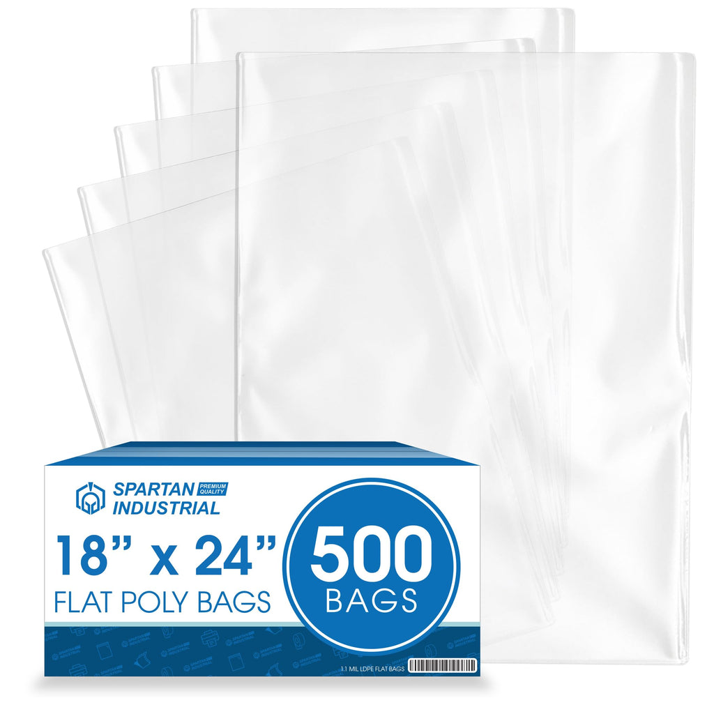 18" X 24" Open-End Flat Poly Bags (500 Count) - 1.1 Mil Clear Plastic Bags for Packaging, Shipping, Storage - No Adhesive Strip - Spartan Industrial