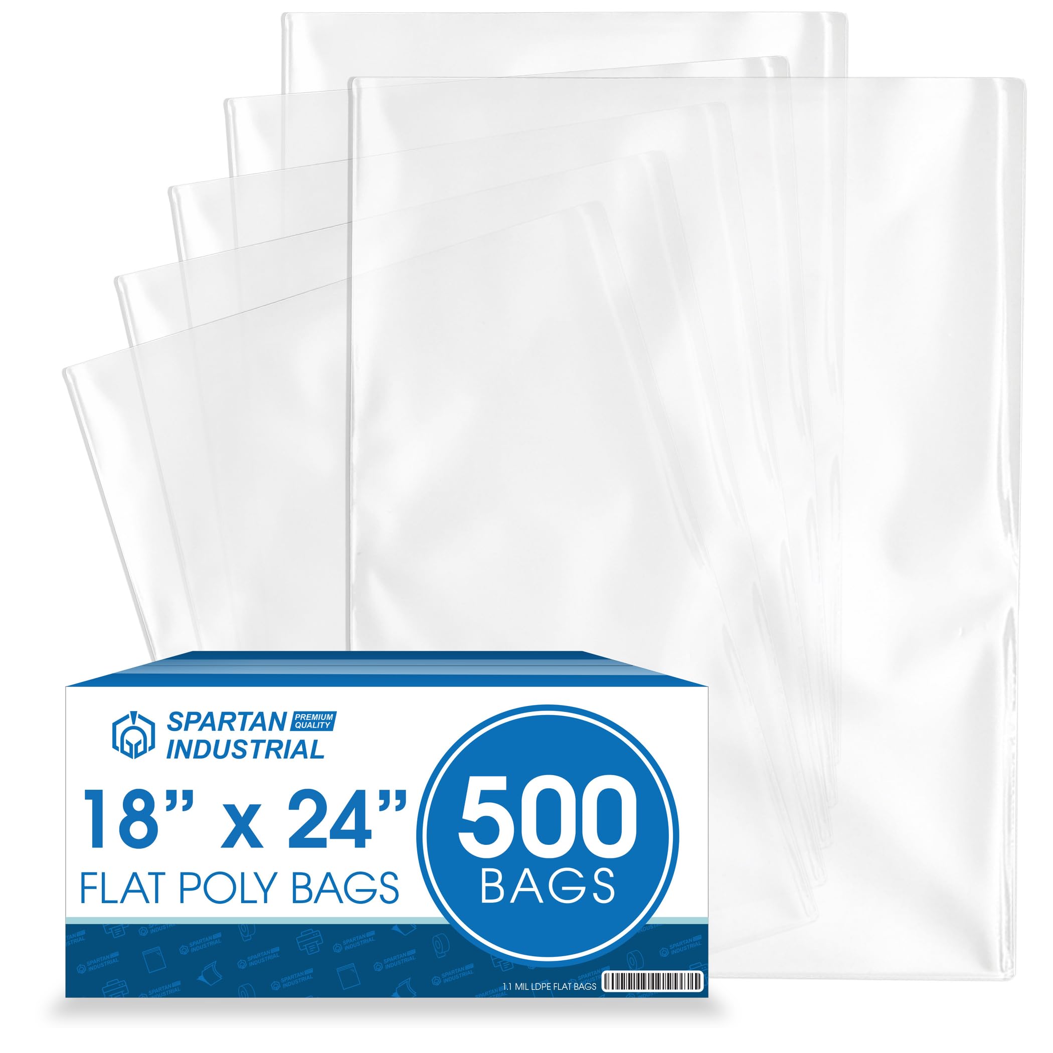18" X 24" Open-End Flat Poly Bags (500 Count) - 1.1 Mil Clear Plastic Bags for Packaging, Shipping, Storage - No Adhesive Strip - Spartan Industrial
