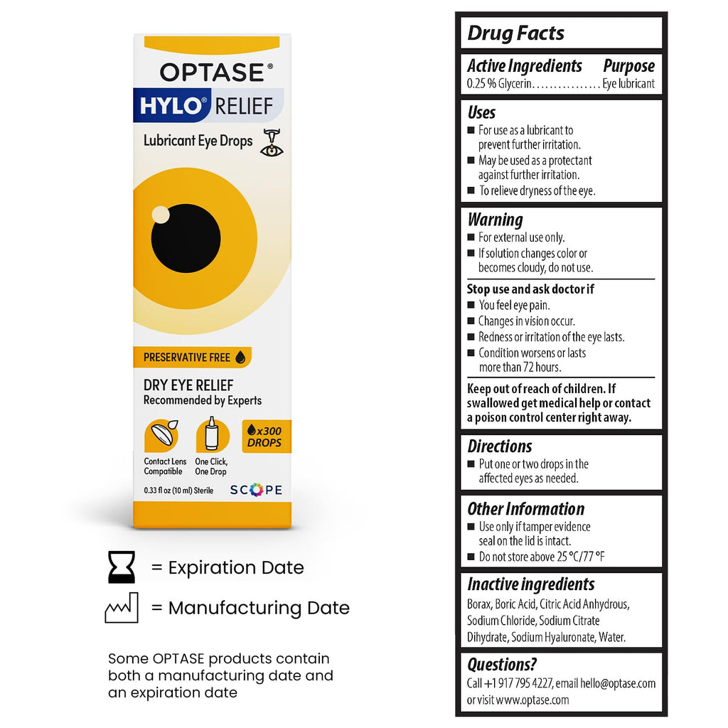 Optase® HYLO Relief Dry Eye Drops, 0.33 fl oz (10ml), 300 Doses - Preservative Free Eye Drops for Dry Eyes - Gentle Lubricant Multi-Dose Solution - Contact Lens Compatible for Daily Comfort