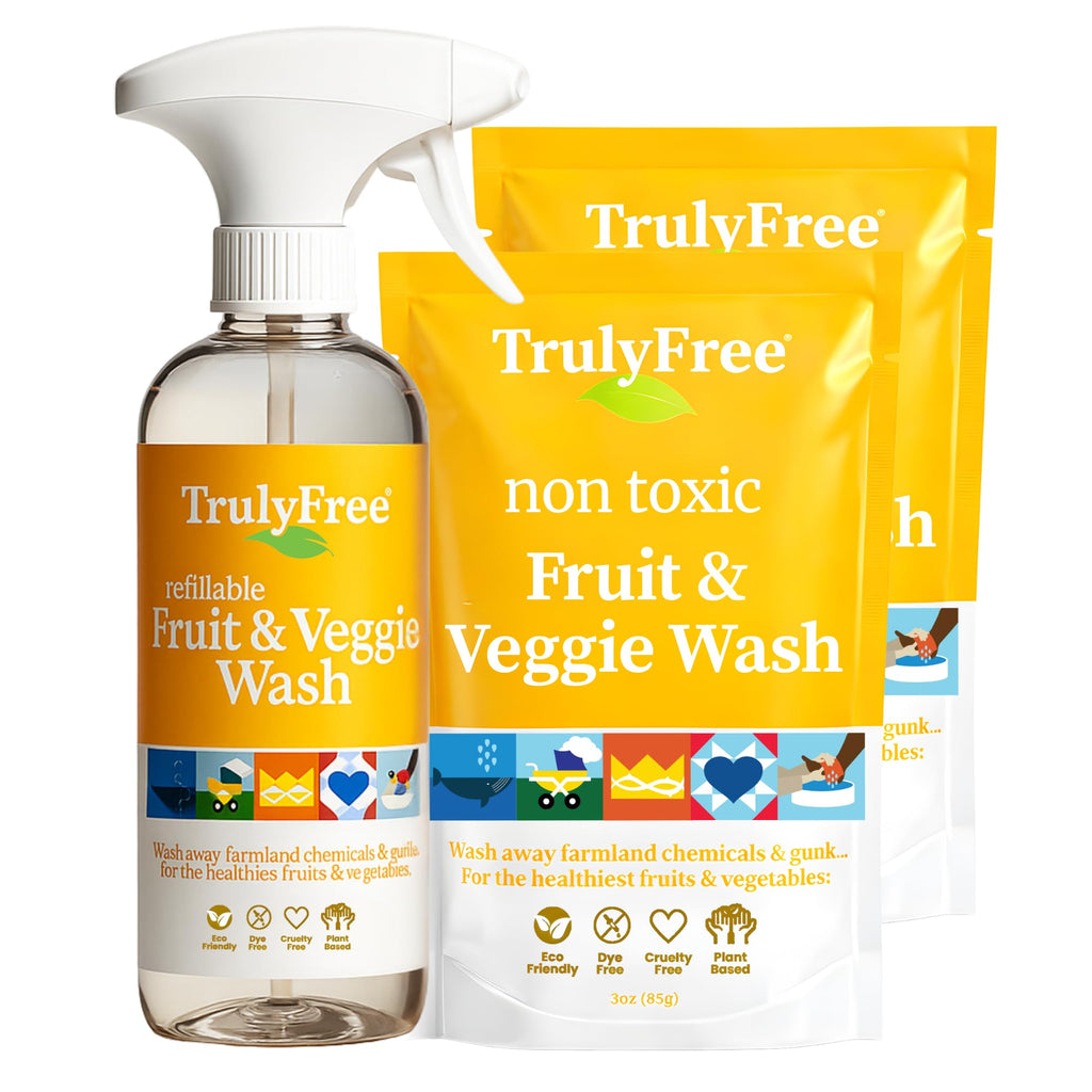 Truly Free Fruit and Vegetable Wash - Veggie Wash Removes 99% of Dirt & Wax | Plant-Based Produce Cleaner Spray | No Aftertaste, Refillable, Made in USA | Fragrance-Free, 16oz