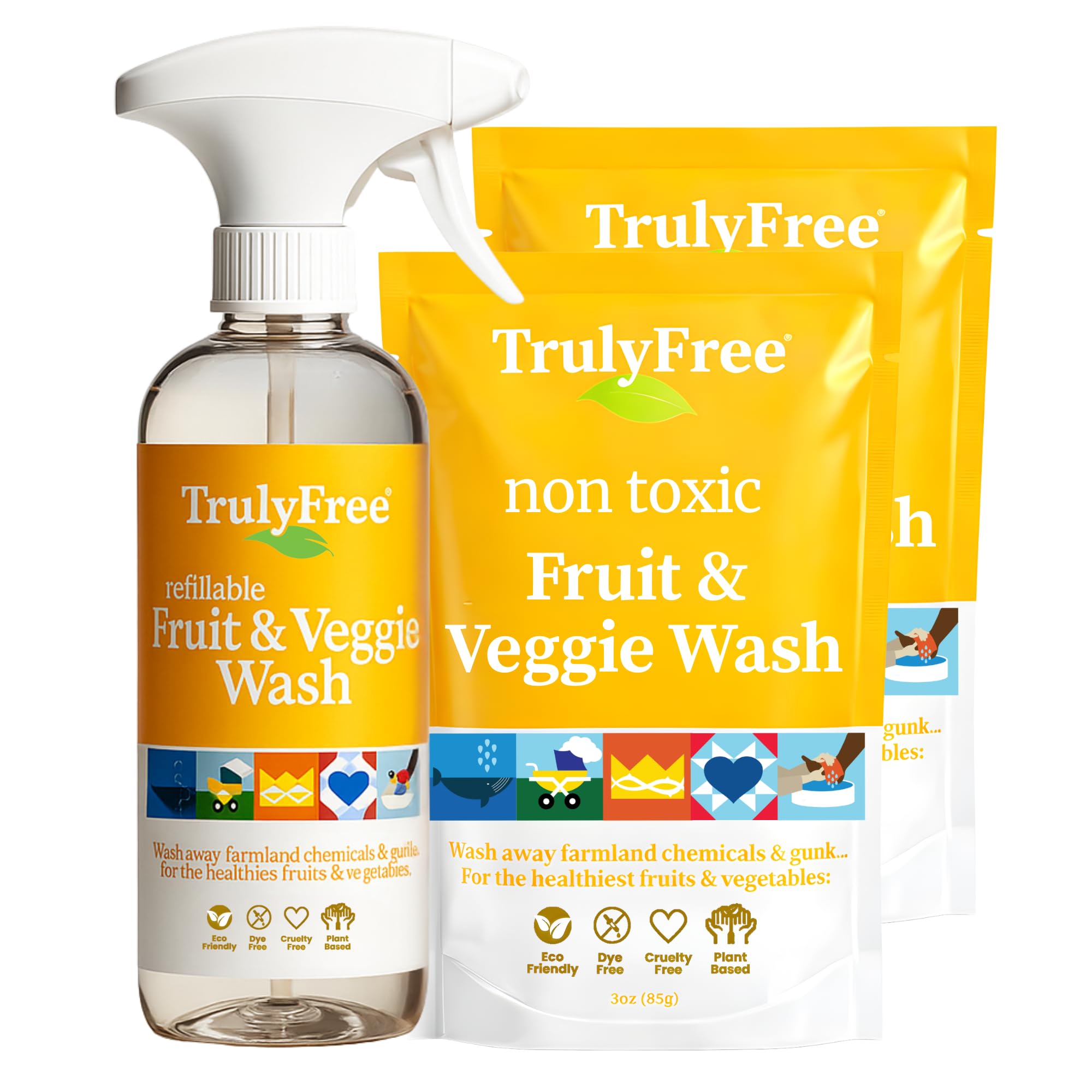 Truly Free Fruit and Vegetable Wash - Veggie Wash Removes 99% of Dirt & Wax | Plant-Based Produce Cleaner Spray | No Aftertaste, Refillable, Made in USA | Fragrance-Free, 16oz