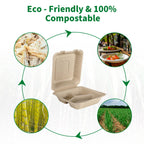 Aricsen 100 Pack 3 Compartment Compostable 8x9 Inch Takeout Lunch Box Containers with Lid To Go Take Out Clamshell for Food, Disposable Eco-Friendly Biodegradable Bagasse, PFAS-Free, Brown