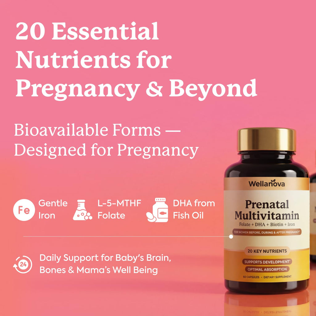 Wellanova Prenatals Multivitamin for Women – with Iron – Family Planning & Pregnancy Prenatal Vitamins with DHA, Folate & Gentle Chelated Minerals – 60 Capsules