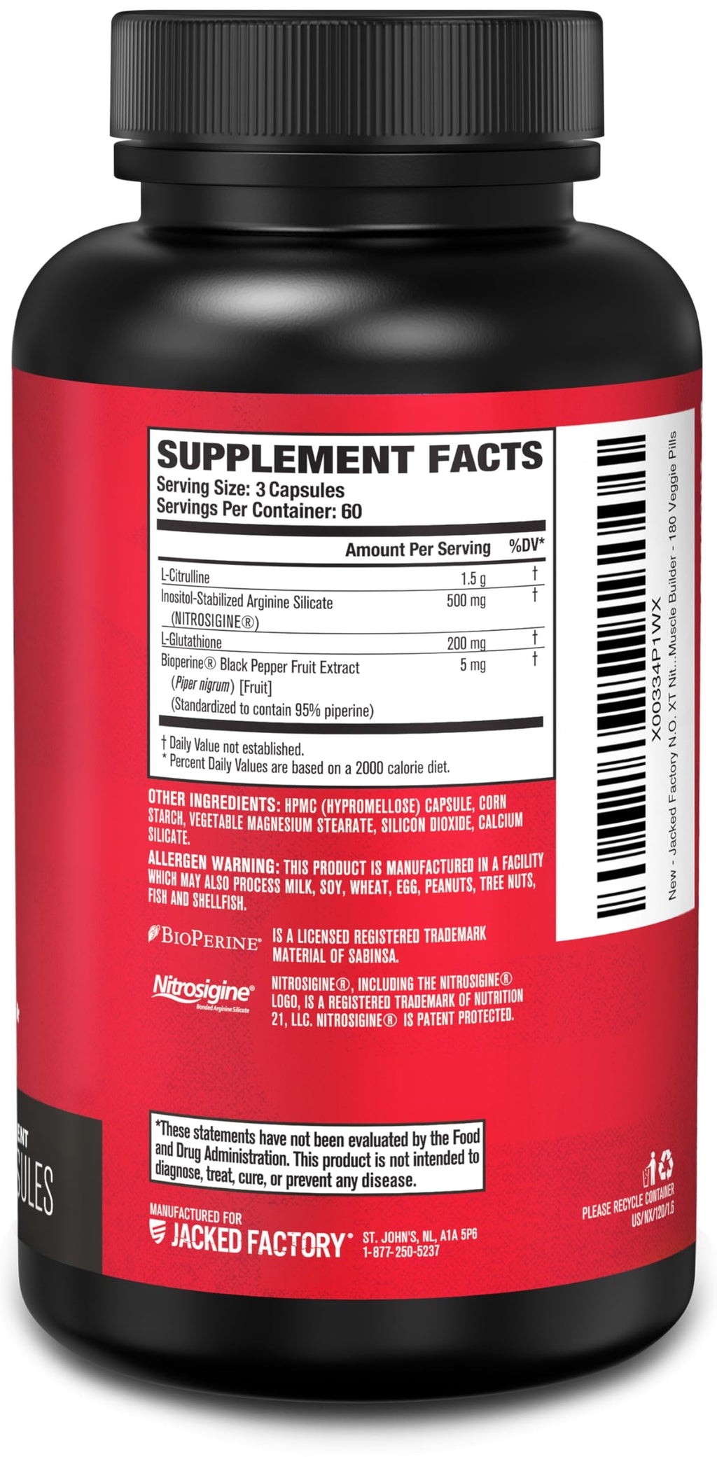 Jacked Factory N.O. XT Nitric Oxide Supplements for Men w/Nitrosigine L Arginine L Citrulline Supplement for Muscle Pumps & Vascularity - Pre Workout Nitric Oxide Booster & Muscle Builder - 180 Caps