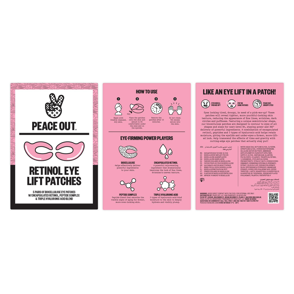 PEACE OUT Retinol Eye Lift Patches, 360° Biocellulose Eye Mask with Encapsulated Retinol & Peptides, Firming and Smoothing Eye Patches for Fine Lines, Wrinkles, 5 Pairs