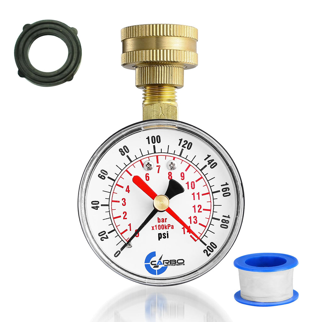 CARBO Instruments 2-1/2" Water Pressure Test Gauge, 0-200 PSI, Red Max Pointer, 3/4" Female Hose Thread, Rust-Free Corrosion-Resistant Case, Brass Connector, for Home, Garden, RV, Indoor/Outdoor