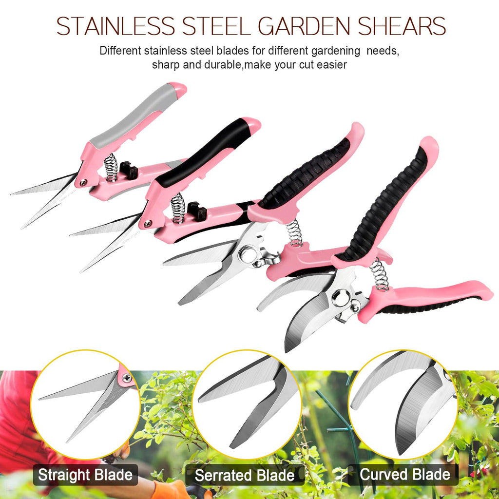 4 Packs Garden Pruning Shears Stainless Steel Blades Handheld Pruners Set with Gardening Gloves(Pink)