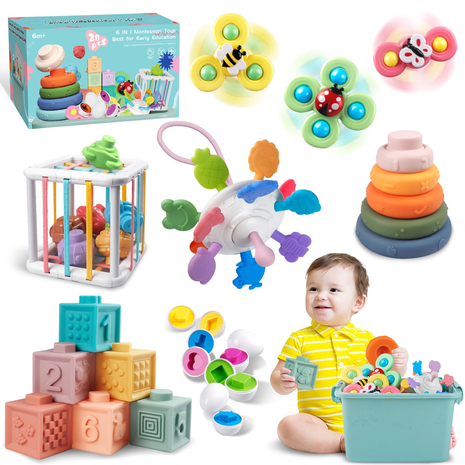 Weilim Baby Toys for 6 to 12 Months, Montessori Sensory Bins & Teething Toys, 6 in 1 Stacking Blocks, Rings, Eggs, Spinner, Crab Shape, 27 Pieces, Ages 6-36 Months