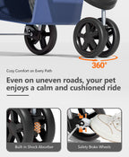 OS MOTOR Pet Stroller with 3 Wheels for Small/Medium Pets, Portable Travel Foldable Carrier Jogger for Dog Cat Puppy Kitty, Rear Wheel Breaks, Storage Basket, Visible Mesh Weather Cover (Navy Blue)