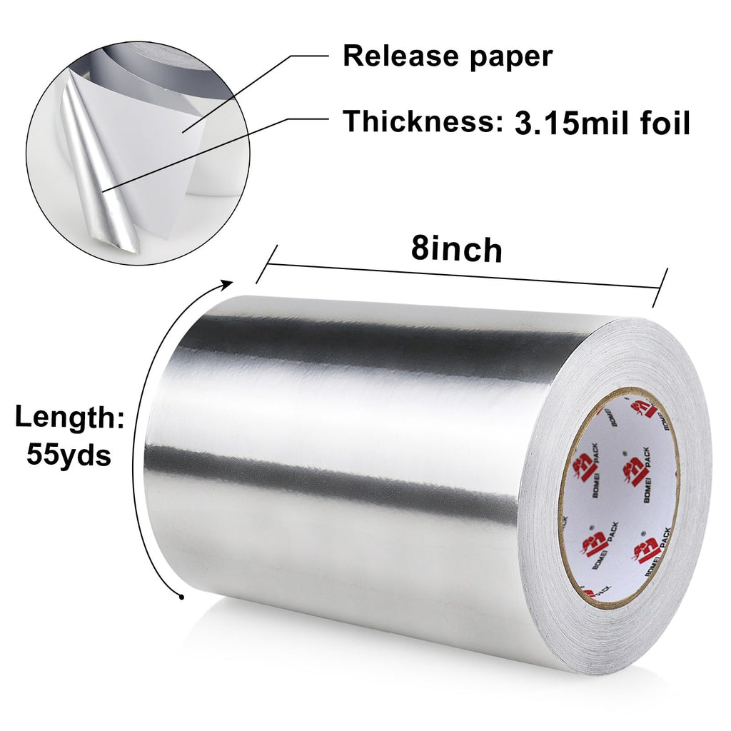 BOMEI PACK Aluminum Foil Tape,Heavy Duty Metal Duct Tape,High Temperature Silver Tape,Perfect for Sealing & Patching,HVAC,Air Ducts,Insulation and Metal Repair (8 Inch x 55 Yards)