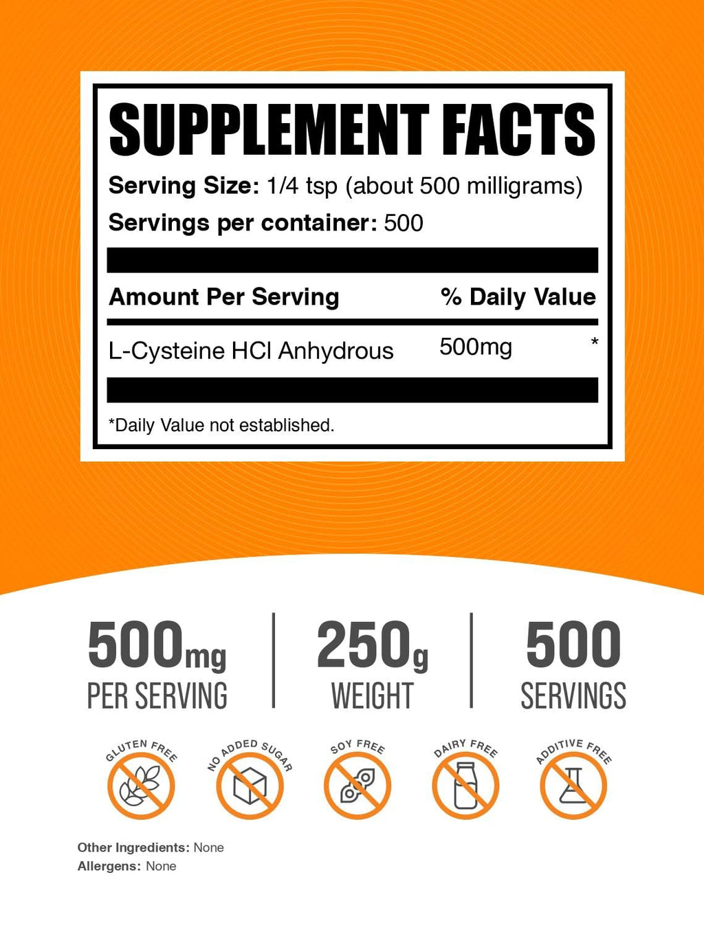 BulkSupplements.com L-Cysteine HCl Powder - NAC Supplement, Amino Acid Supplement - Gluten Free, 500mg per Serving, 250g (8.8 oz) (Pack of 1)