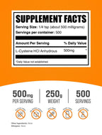 BulkSupplements.com L-Cysteine HCl Powder - NAC Supplement, Amino Acid Supplement - Gluten Free, 500mg per Serving, 250g (8.8 oz) (Pack of 1)