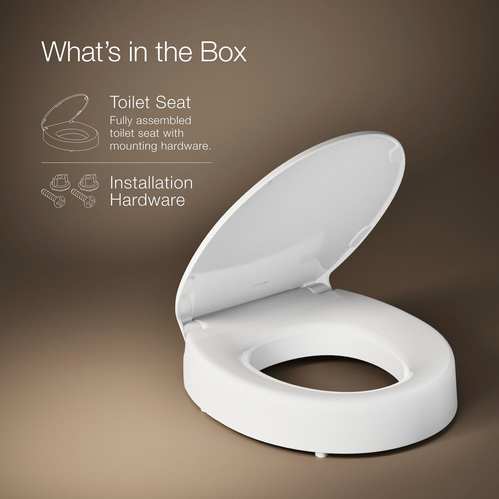 KOHLER 25876-0 Hyten 3" Height, Elevated Soft Close Round Toilet Seat, Contoured Seat with Grip-Tight Bumpers, Quick-Attach Hardware, White