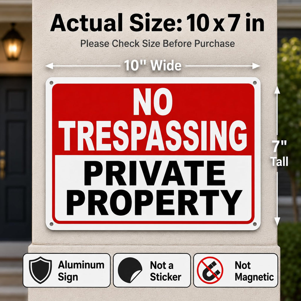 4 Pack No Trespassing Signs Private Property – 10x7 Inch 40 Mil Rust Free Aluminum, Reflective Warning Signs, UV Printed, Weatherproof Outdoor High Visibility Security Sign for Fence, Gate & Yard