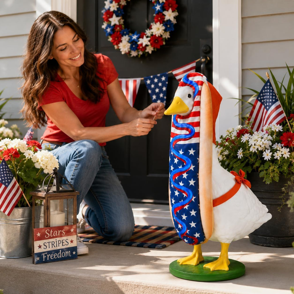 4th of July Porch Goose Outfit for 23" H 250th Anniversary Hot Dog Patriotic Goose Clothes American Flag Fits Independence Day Large Cement Statue Outdoor Patio Garden Yard Lawn Costume Decor