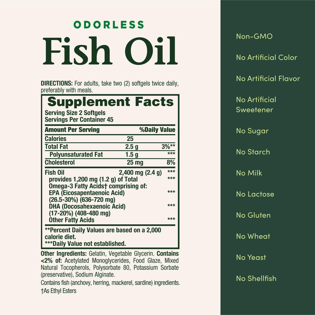 Nature's Bounty Odorless Fish Oil, 1200mg Omega-3 per Serving Including EPA & DHA, Supports Heart Health, Purified to Eliminate Mercury, Coated Softgels, Gluten Free, No Shellfish, 90 Ct (Pack of 3)