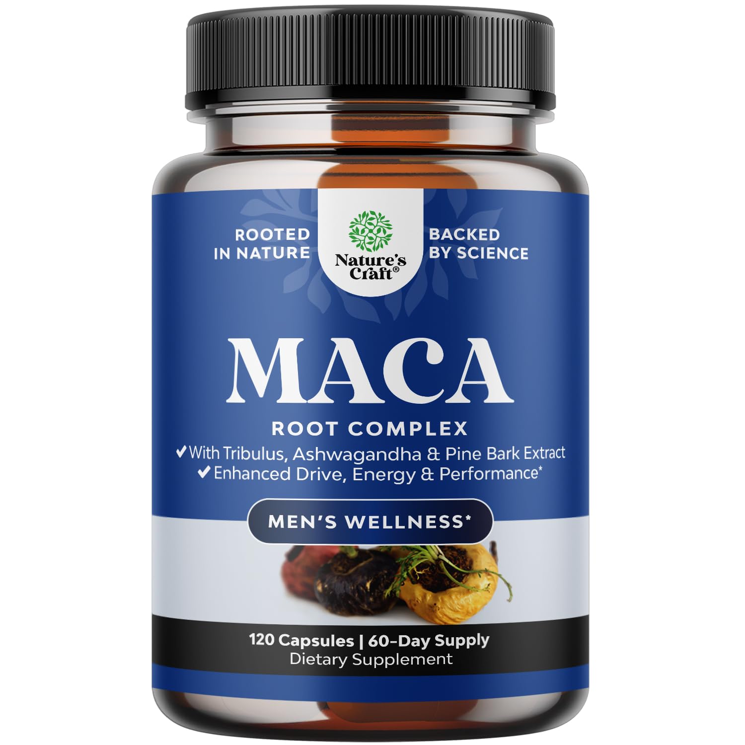Potent Black Maca Root Capsules for Men - Herbal Wellness Supplement with Siberian Ginseng Ashwagandha and Black Maca Root - Men’s Wellness Supplement to Support General Health - 120 Count
