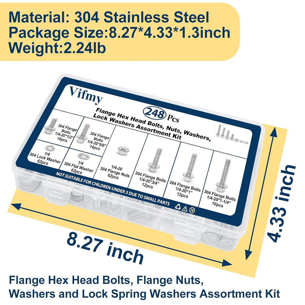 Vifmy 1/4-20 Bolt x (Length 3/4", 1", 1-1/4") 304 Stainless Steel Flange Head Bolts Assortment Kit (248 Pack) with 1/4 20 Bolt, Serrated Flange Nuts, Washers, Full Thread