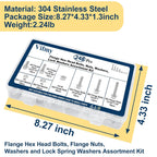 Vifmy 1/4-20 Bolt x (Length 3/4", 1", 1-1/4") 304 Stainless Steel Flange Head Bolts Assortment Kit (248 Pack) with 1/4 20 Bolt, Serrated Flange Nuts, Washers, Full Thread