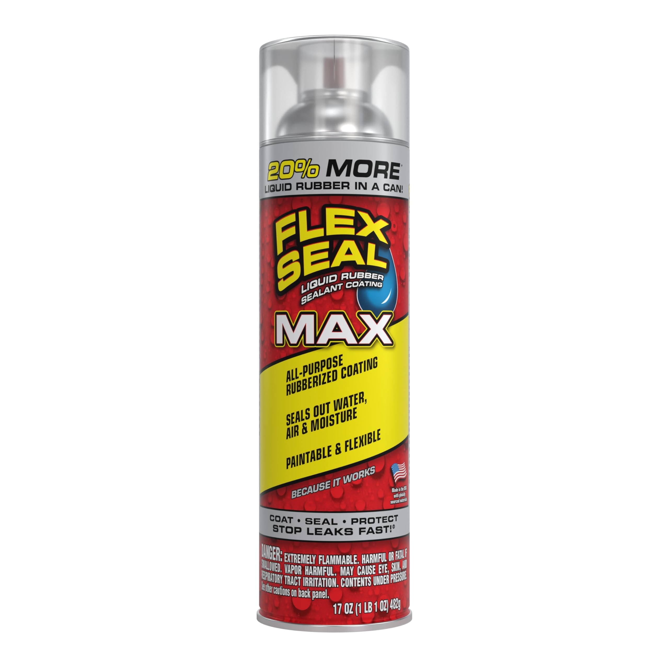 Flex Seal MAX, 17 oz, 1-Pack, Clear, Stop Leaks Instantly, Waterproof Rubber Spray On Sealant Coating, Perfect for Gutters, Wood, RV, Campers, Roof Repair, Skylights, Windows, and More