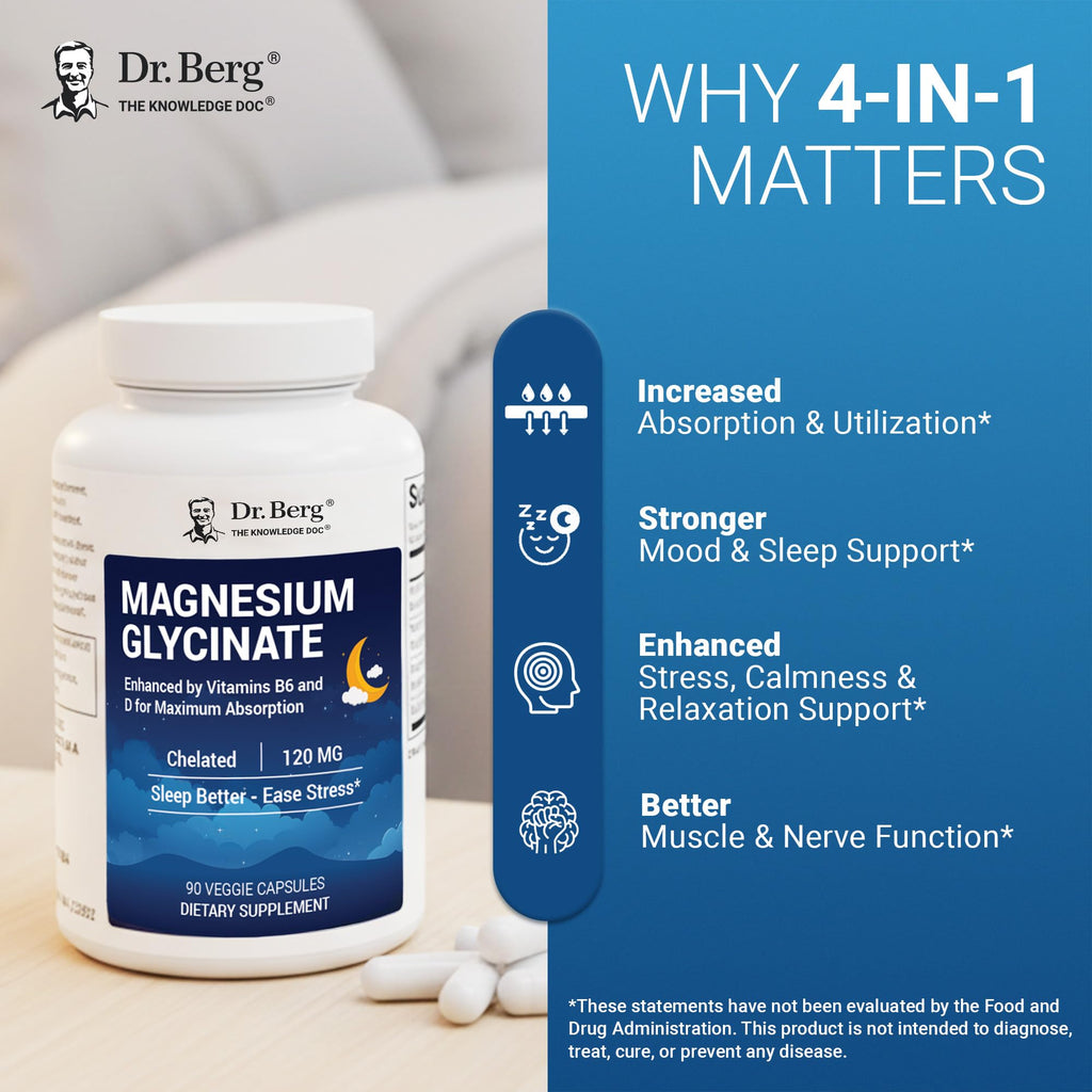 Dr. Berg Magnesium Glycinate 90ct – 4-in-1 Chelated for Muscle, Nerve, Sleep & Stress Support*– w/ D3, B6 & Zinc – 4X Lab-Tested – No Fillers – Formulated in USA, GMP-Certified