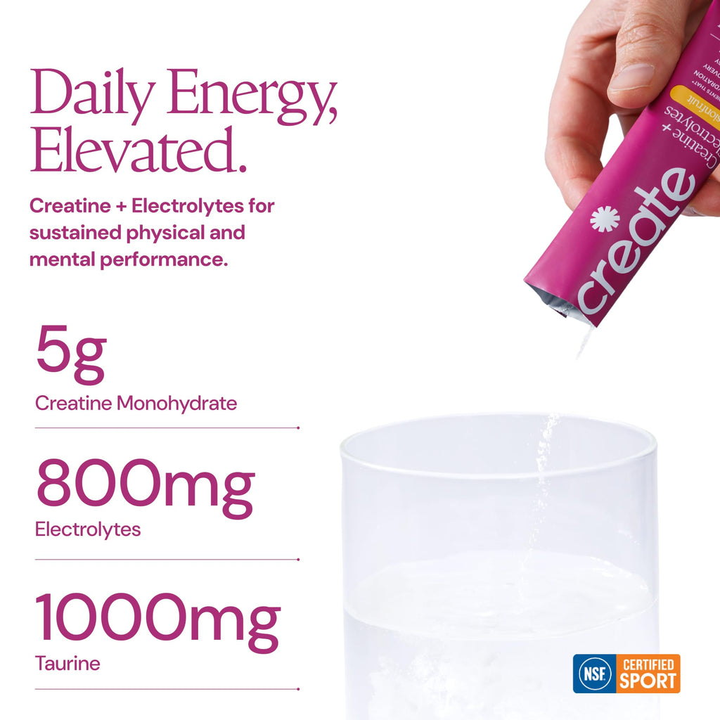 Create Creatine + Electrolytes Mix - Creatine Monohydrate Stick Packs, Supports Energy and Hydration, NSF Certified for Sport, 30 Count, Passion Fruit