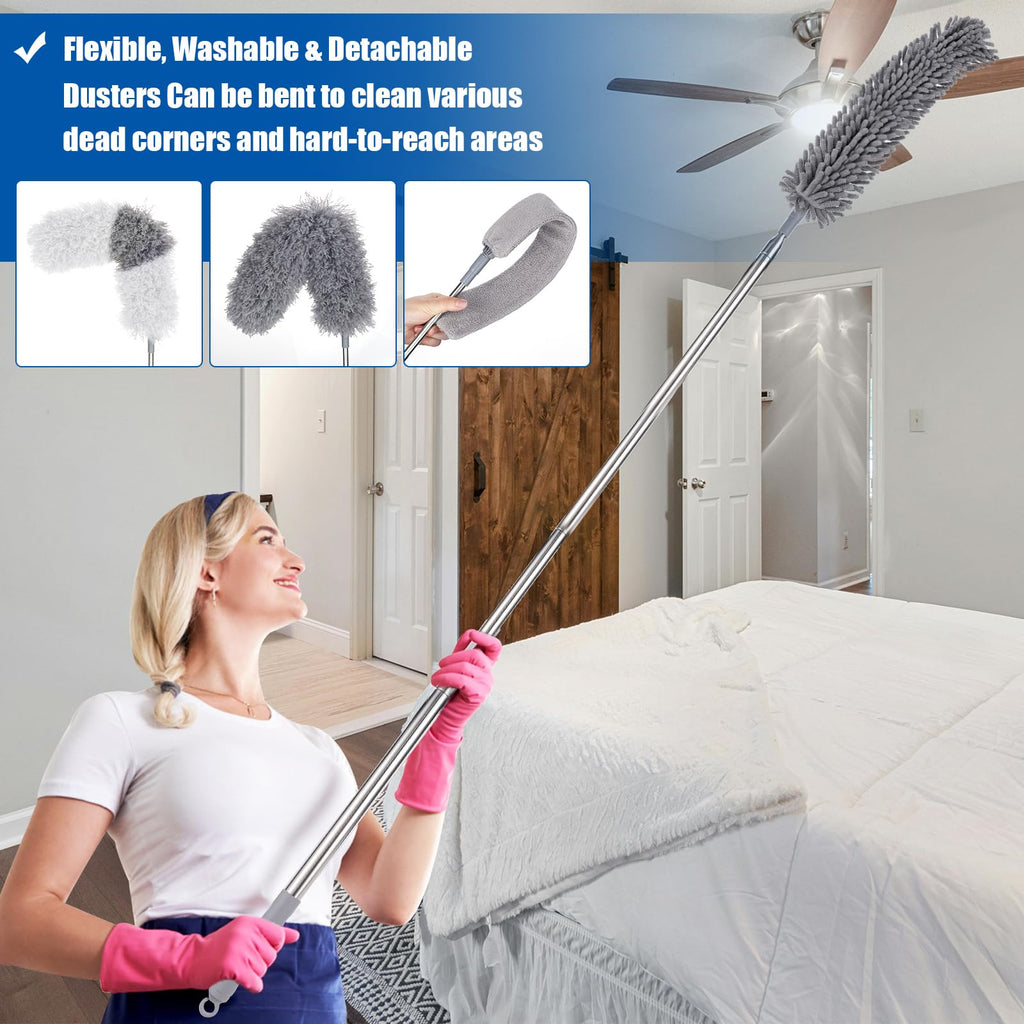 9PCS Dusters for Cleaning,Extendable Microfiber Duster with Extension Pole Up to 100'',Bendable Washable and Reusable Dusters Kit for Ceiling Fans, High Ceilings,Blinds,Furniture and Cars