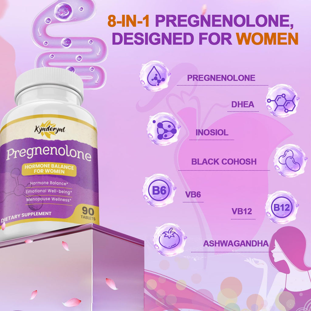 Kynderynl Pregnenolone with Ashwagandha for Women, Pregnenolone 100mg (2 Tablets) or 50mg (1 Tablet) Dose, 8-in-1 Formula with DHEA, Black Cohosh, Dual-Dosing, Vegan, Gluten Free, 90 Chewable Tablets