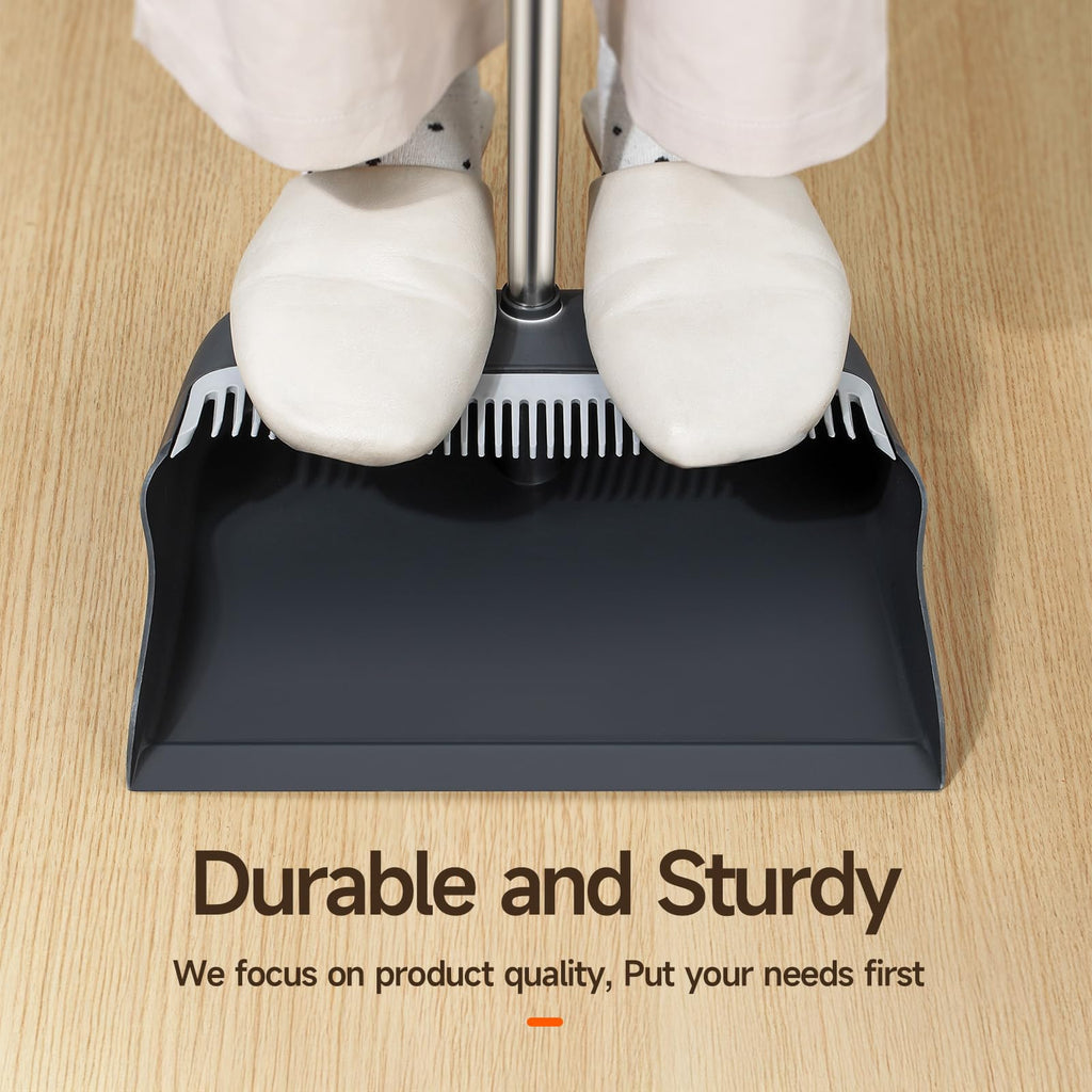 CTIME Broom and Dustpan Set, Extra Brush Head & 52" Adjustable Long Handle Standing Dustpan Set, with Dust Pan Teeth to Clean Pet Hair, Easy Sweeping Suitable for Home Kitchen Office Lobby