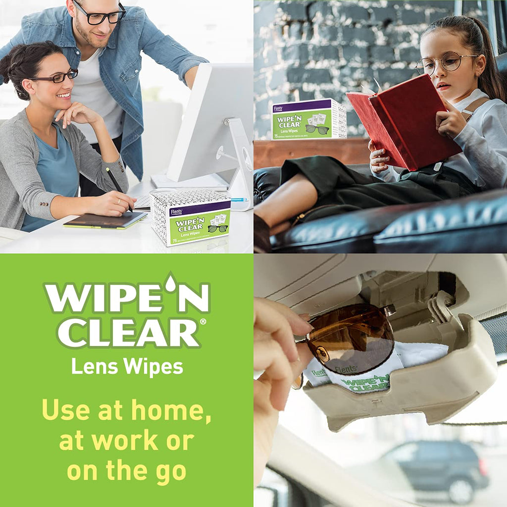 Flents Wipe ’N Clear Biodegradable Lens Wipes, 225 Count Pre-Moistened Eyeglass Cleaner Wipes for Glasses, Screens, and Lenses, Anti-Streak, Quick Dry, Individually Wrapped