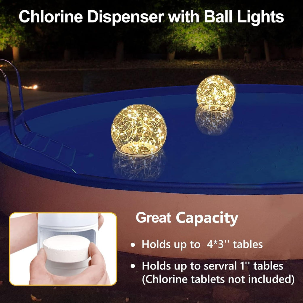 FineBud Pool Chlorine Floater with Solar Ball Lights, Floating Pool Chlorines Dispenser for 4x3” Chlorine Tablets, Easy Opening chlorines Tablet Holder Floater, Anti-Sinking Spa Chemical Dispenser