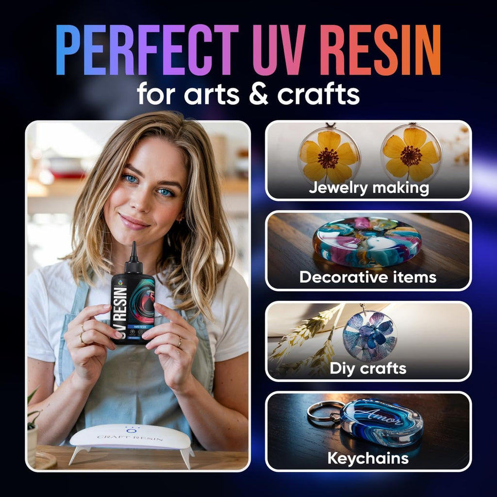 CRAFT RESIN 300g UV Resin Kit Hard Type Low Viscosity – Crystal Clear and No-Yellowing UV Resin Glue for DIY, Jewelry Making, Molds Casting and Polymer Clay Projects - Fast Cure Under UV Light
