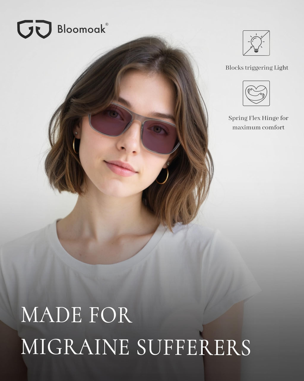 Bloomoak Rose Tinted Photochromic Migraine Relief Glasses, FL- Flex Pink Light Sensitivity Glasses for Fluorescent LED Glare, Photophobia, Eye Strain