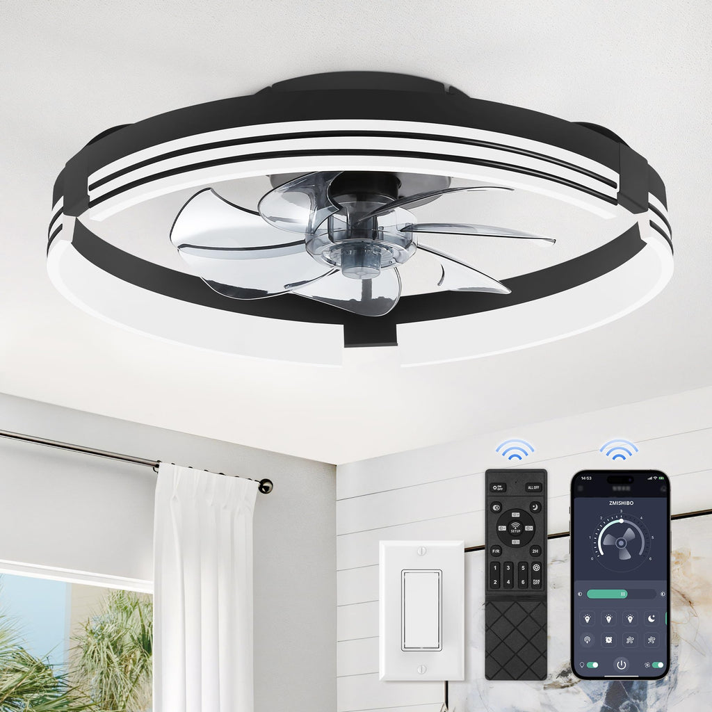 ZMISHIBO Low Profile Ceiling Fans with Lights and Remote, 20" Black