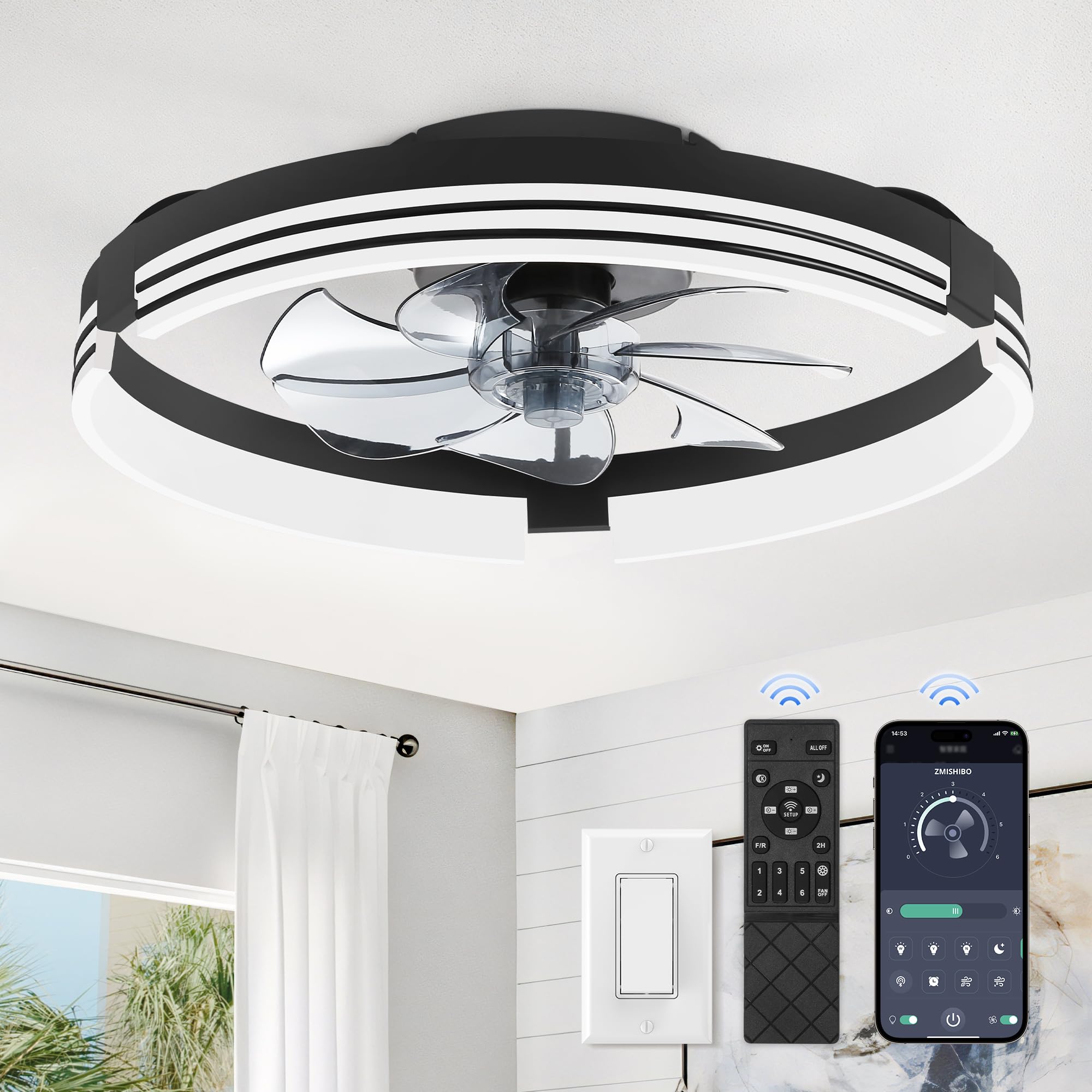 ZMISHIBO Low Profile Ceiling Fans with Lights and Remote, 20" Black