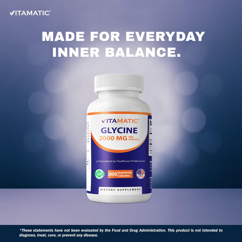Vitamatic Glycine Supplement, 2000mg Per Serving, 300 Count, Non-GMO, Gluten Free- 2 Pack