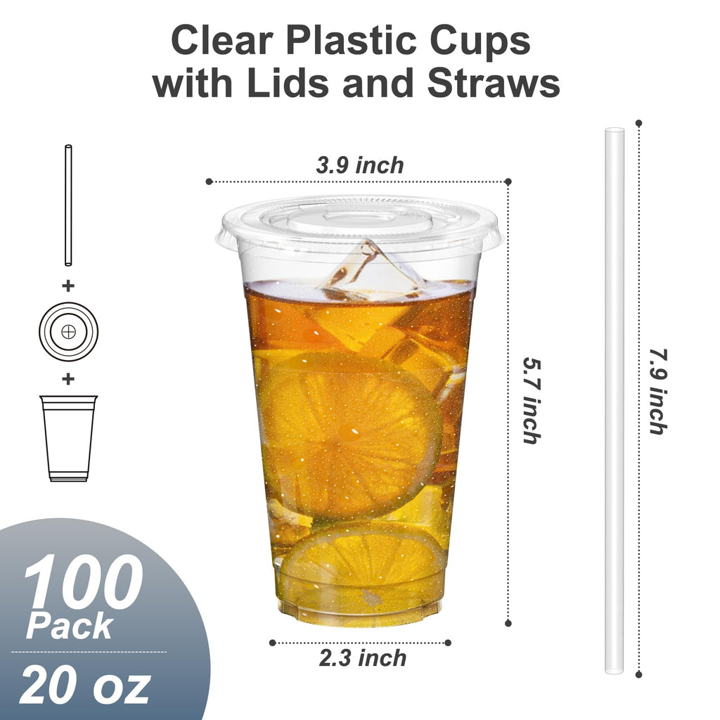 Dealusy 100 Pack - 20 oz Clear Plastic Cups with Lids and Straws