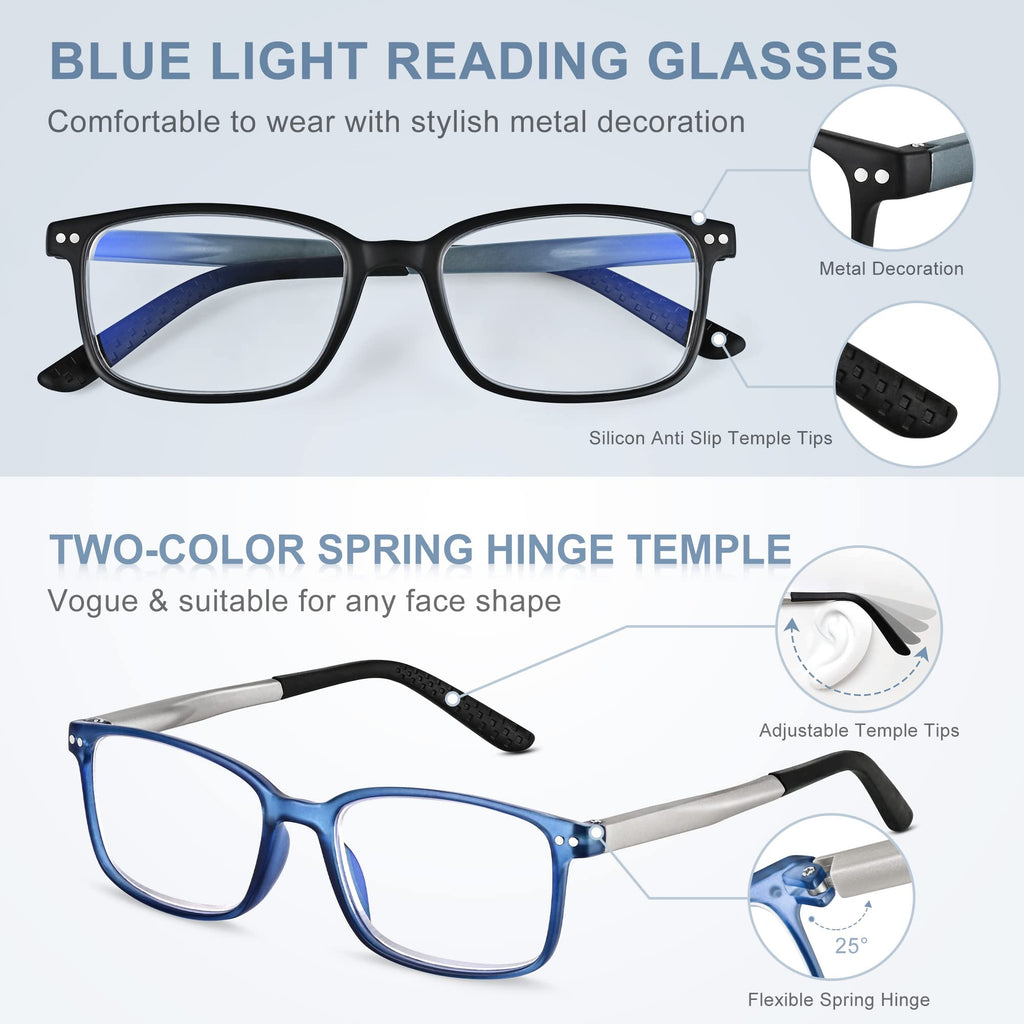 EASY READ 2 Pairs Sporty Style Reading Glasses for Men，Rectangular TR90 Blue Light Blocking Readers with Spring Hinge(Magnification 1.50,Black/Blue)