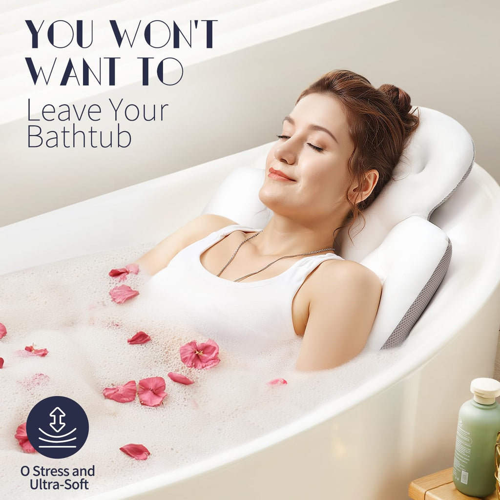 Full Body Bath Pillow for Bathtub, Thick Bath Cushion with Laundry Bag and 160 Silicone Suction Cups, Luxury Tub Padding Support for Head Back Butt Legs White 51" x 16"