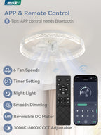 LEDIARY Flush Mount Ceiling Fan with Lights and Remote, 19.7'' Low Profile, 3000-6000K Dimmable Fandelier, 6 Wind Speeds, White Modern LED Fan Light for Bedroom
