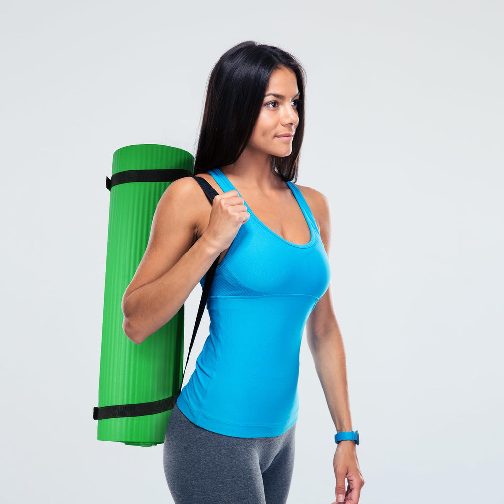 Fitvids 1/2-Inch Extra Thick High Density Anti-Tear Exercise Yoga Mat with Knee Pad and Carrying Strap, Green