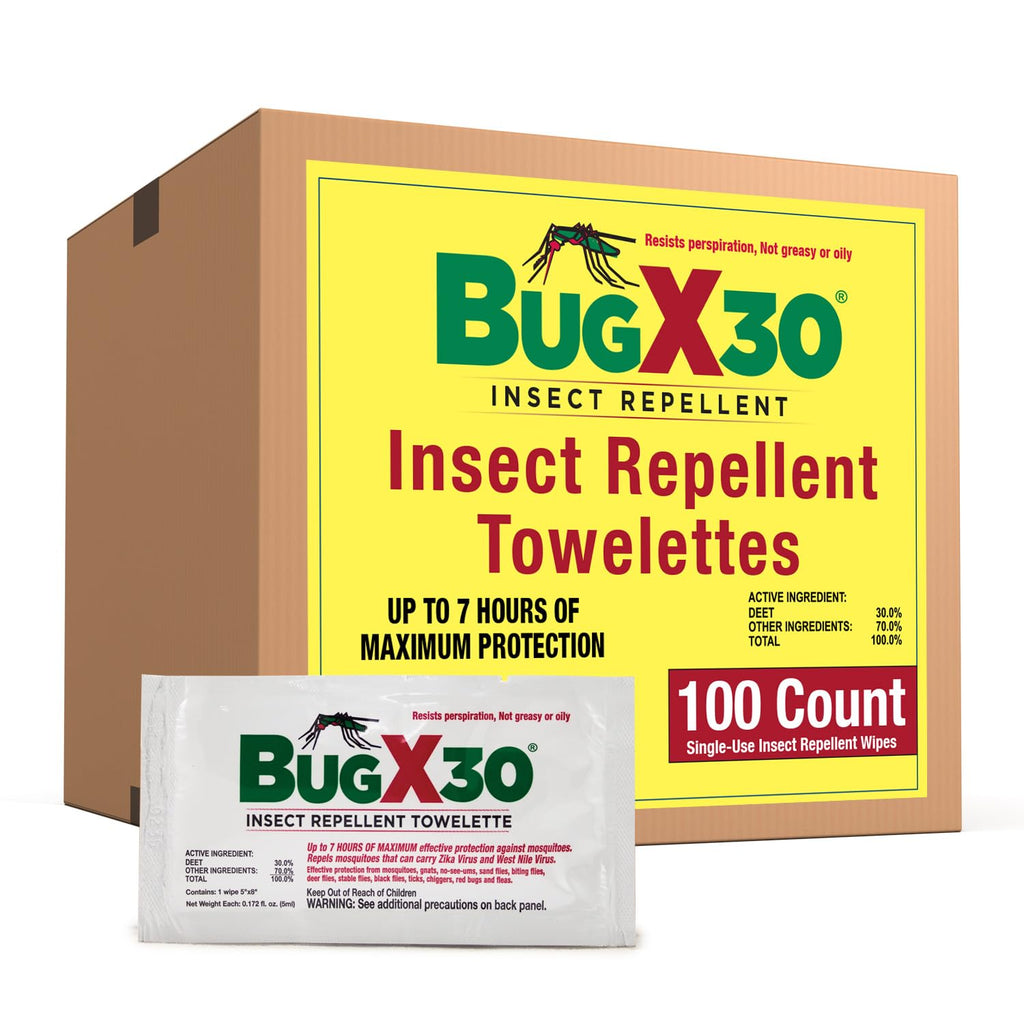 CoreTex Bug X 30 Insect Repellent Towelette with 30% DEET - Pack of 100 Single-Use Insect Repellent Wipes Repel Biting Insects for up to 7 Hours