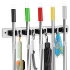 FunCee Broom Holder Wall Mount With 5 Slots & 4 Hooks，Rustic Wood Broom & Mop Hanger，Wall Mounted Garden & Garage Tool Storage Organizer Rack for Closet Laundry Room or Kitchen Wall Decor White