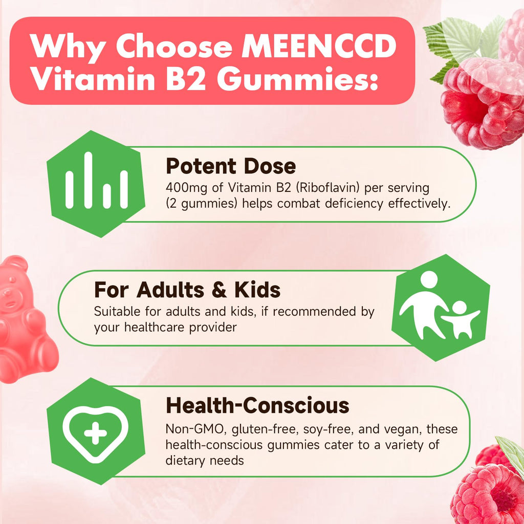 MEENCCD Vitamin B2 Gummies Riboflavin 400mg Supplement with Magnesium for Kids & Adults, B2 Gummies for Migraine Relief & Nervous System Support, Vegan, Sugar-Free, Raspberry Flavor, 60 Count